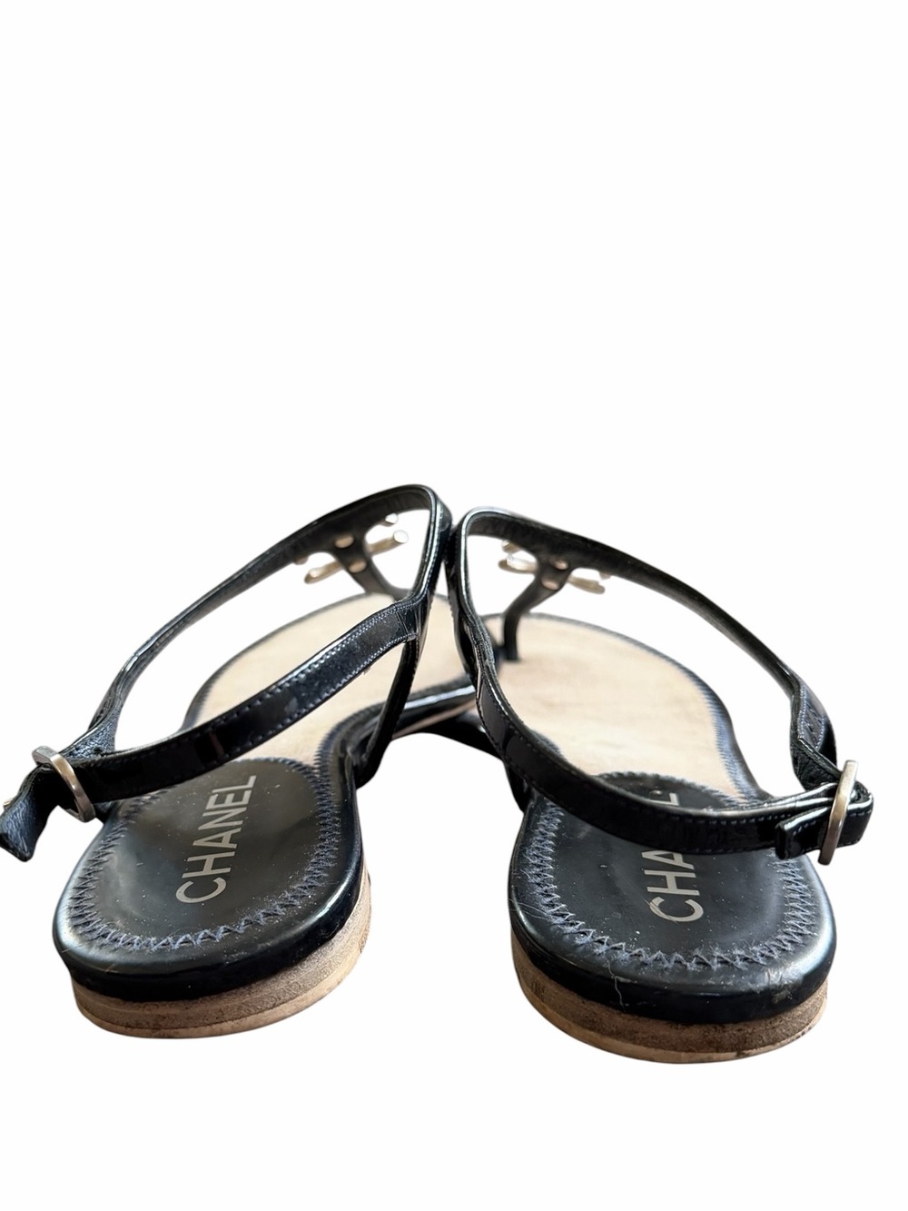 CHANEL Navy Leather CC Thong Sandals Silver Logo Ankle Strap - Picture 3 of 5